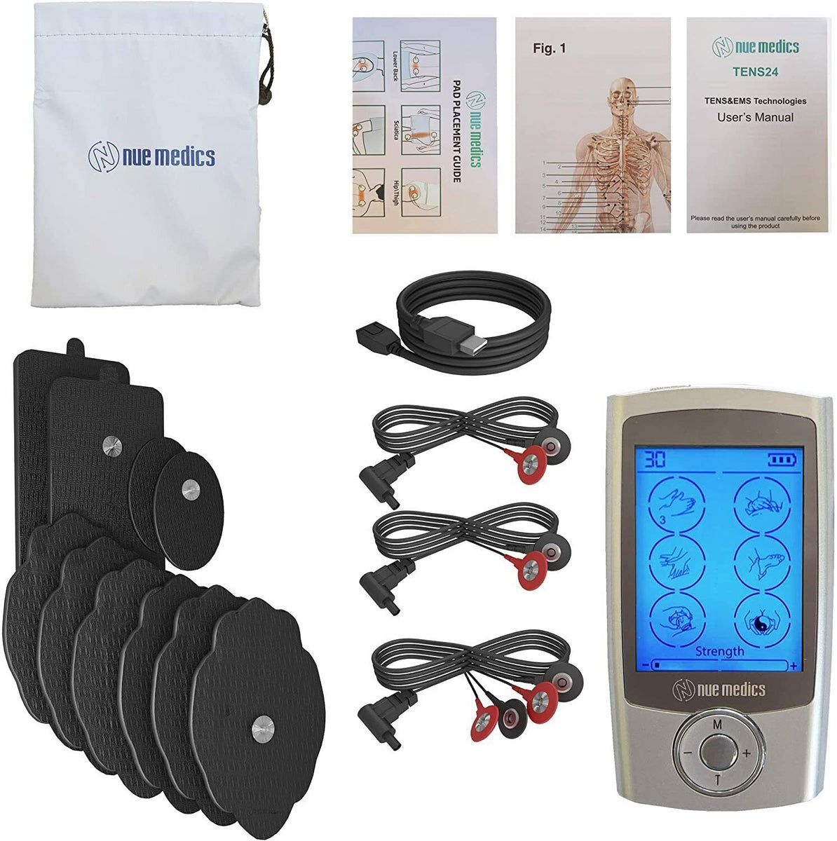 NueMedics Tens Unit with 4 Channel, EMS Muscle Stimulator for Pain Relief  Therapy, 24 Massage Modes, Rechargeable, 12 Pads